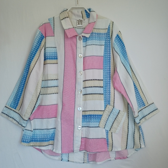 Parsley & Sage Blouse Contrast Stripe Print Linen Blend Blouse Womens 1X - Picture 5 of 12